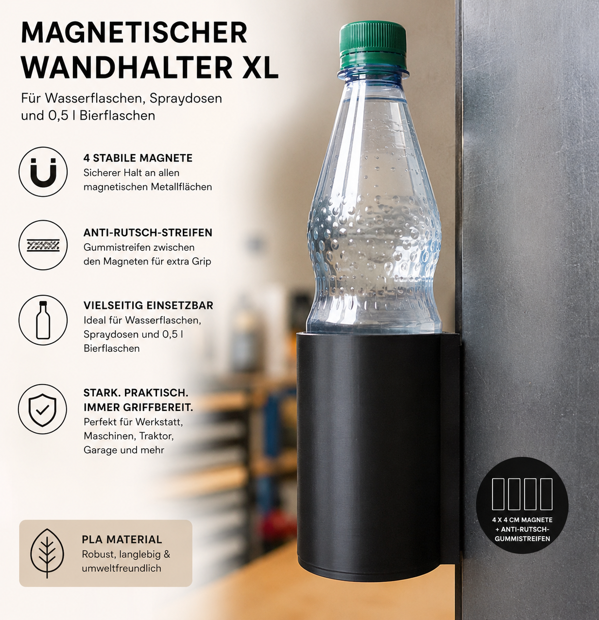 Magnetischer Wand-Flaschenhalter XL – für 1 l Wasserflaschen, Sprühdosen & 0,5 l Bierflaschen