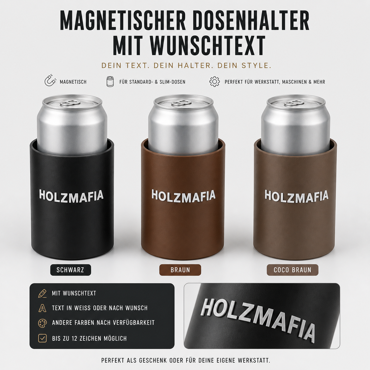 Magnetischer Dosenhalter mit Wunschtext – für 0,5 l Dosen & 0,33 l Flaschen