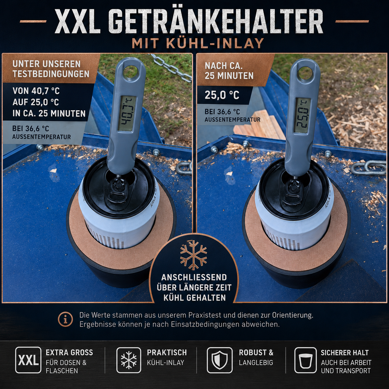 Getränkehalter mit Kühl-Inlay – für 0,5-l-Dosen & 0,33-l-Bierflaschen