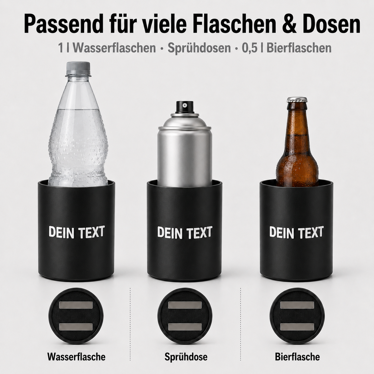 Magnetischer Flaschenhalter XL mit Wunschtext – für 1 l Flaschen, Sprühdosen & 0,5 l Bierflaschen