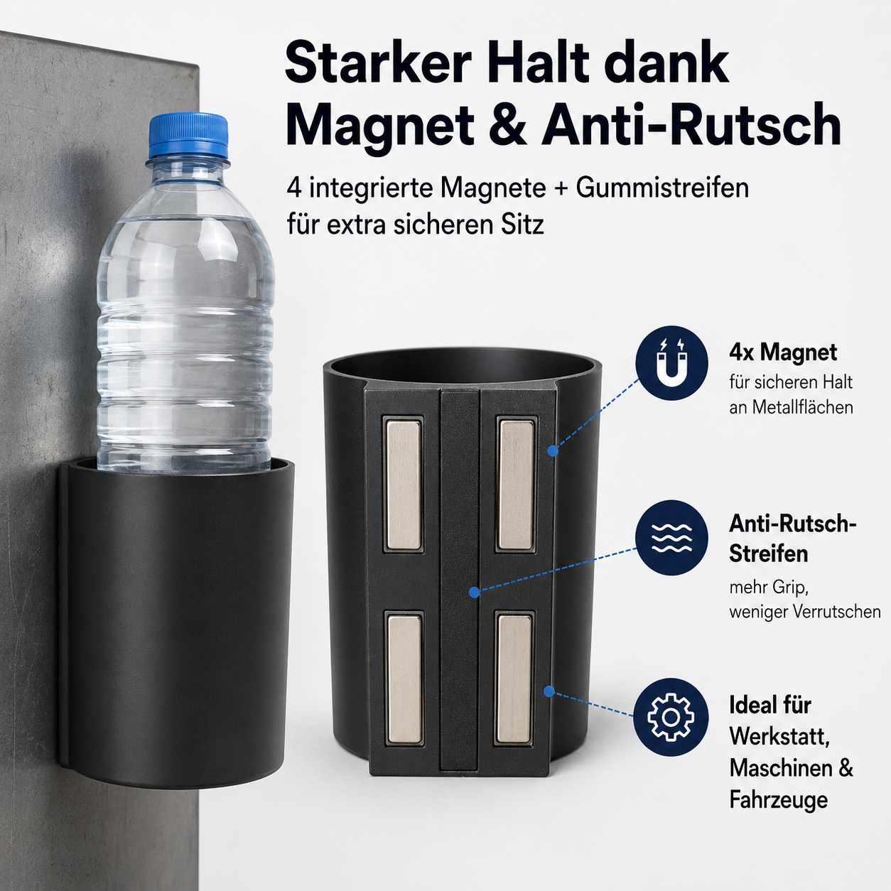 Magnetischer Wand-Flaschenhalter XL – für 1 l Wasserflaschen, Sprühdosen & 0,5 l Bierflaschen