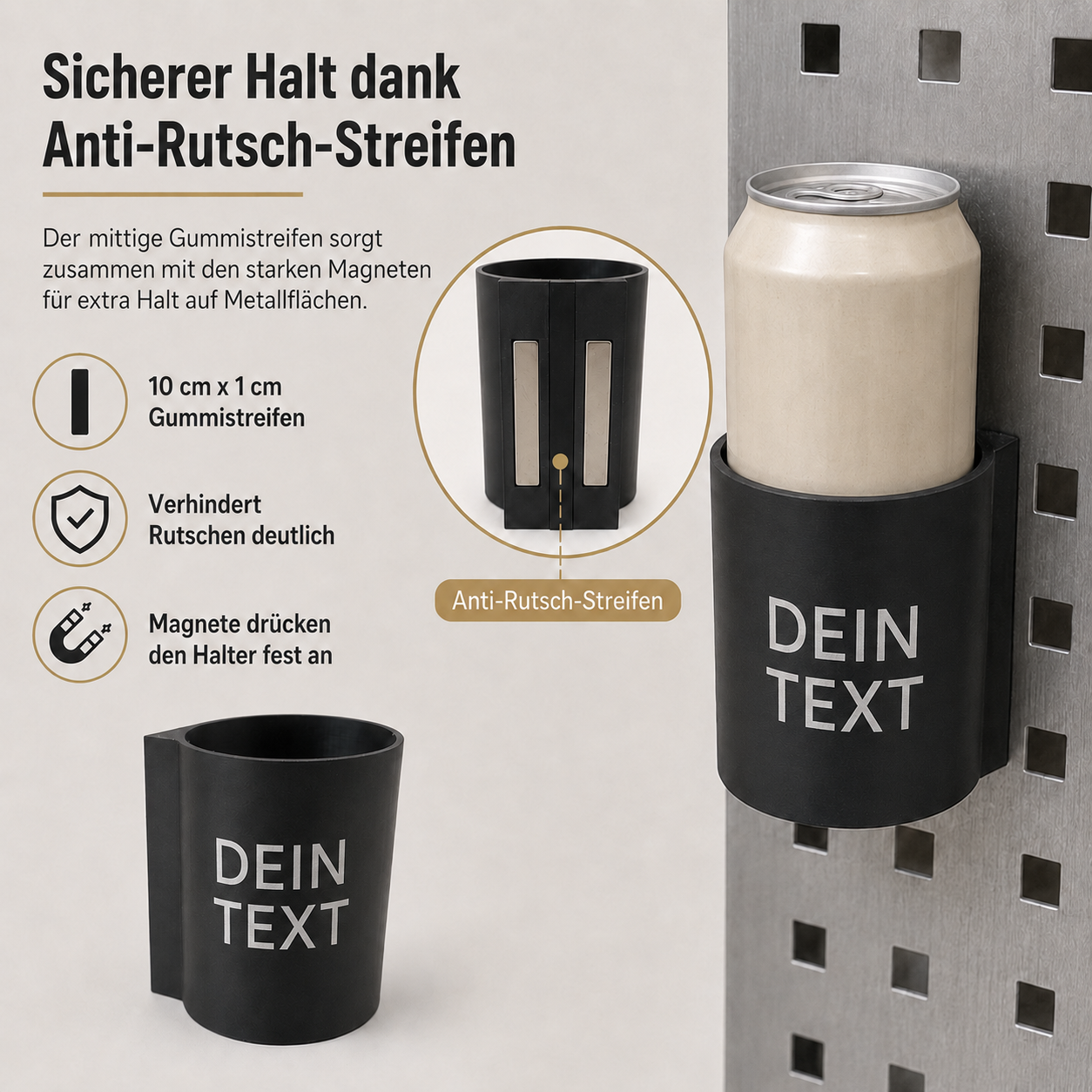 Magnetischer Wand-Dosenhalter mit Wunschtext – für 0,5 l Dosen, Slim-Dosen & 0,33 l Bierflaschen
