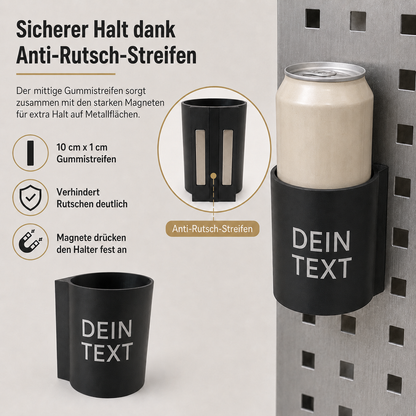 Magnetischer Wand-Dosenhalter mit Wunschtext – für 0,5 l Dosen, Slim-Dosen & 0,33 l Bierflaschen
